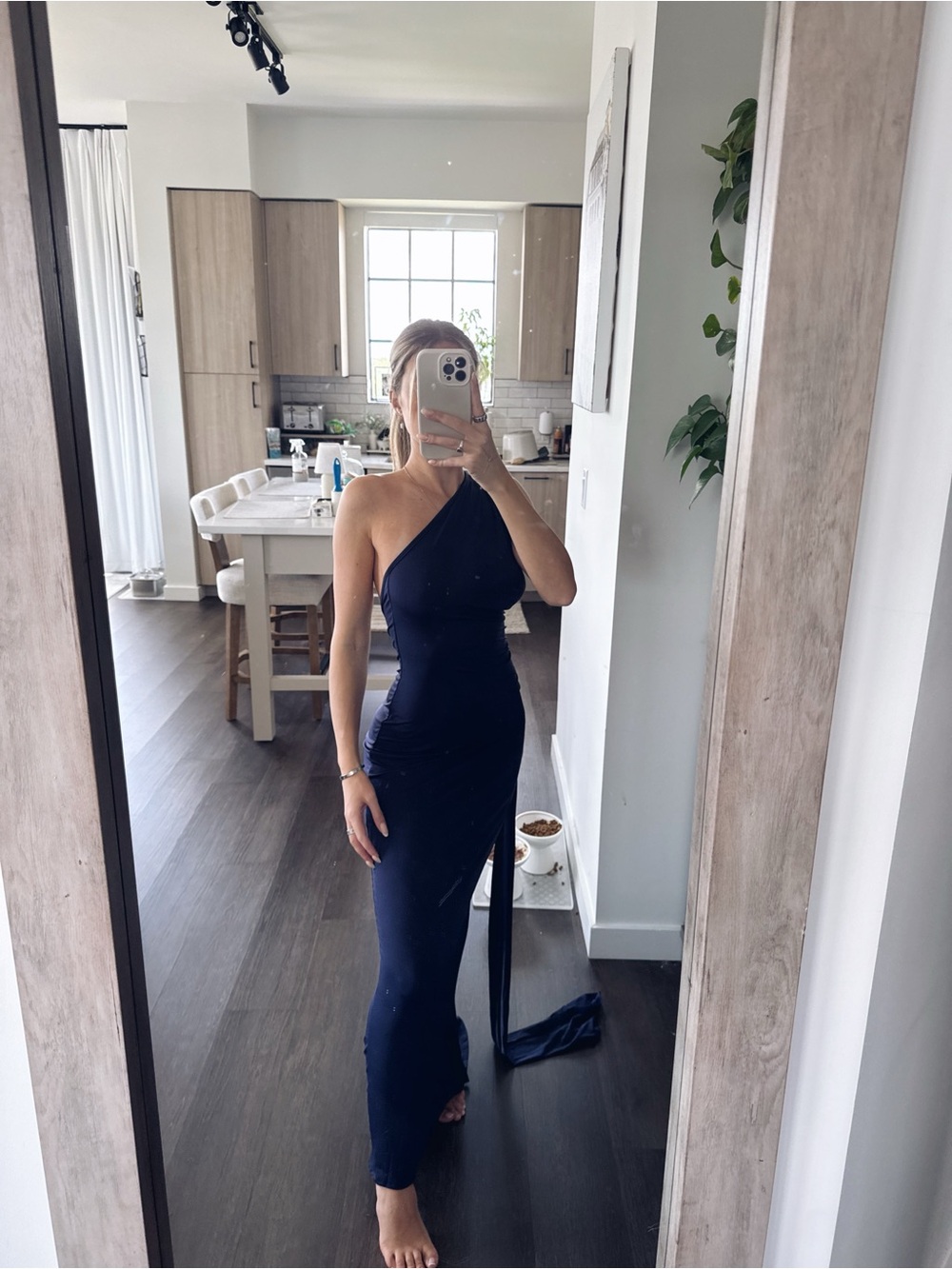 Hawthaw Apparel One-Shoulder Navy Maxi Dress with Side Drape (Size XS)